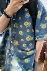 Short Sleeve Daisy Printed Denim Men Shirts